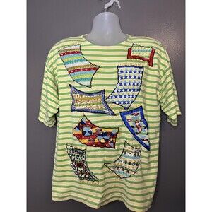 Striped Sequin Shirt Womens 2XL Green Embroidered Magic Carpet Vintage 80s